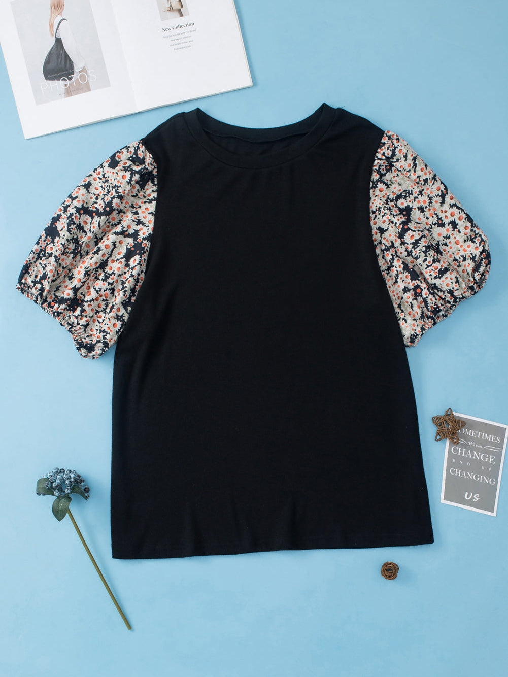 Elegant Black Daisy Bubble Sleeve Plus Size Floral Tunic Top