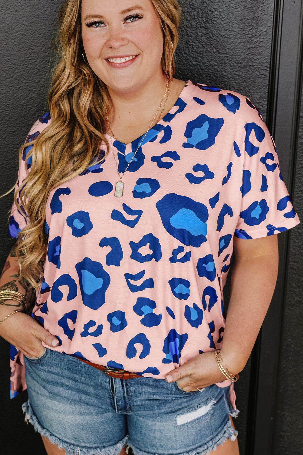 Pink Leopard Print Oversized V Neck Plus Size Tee