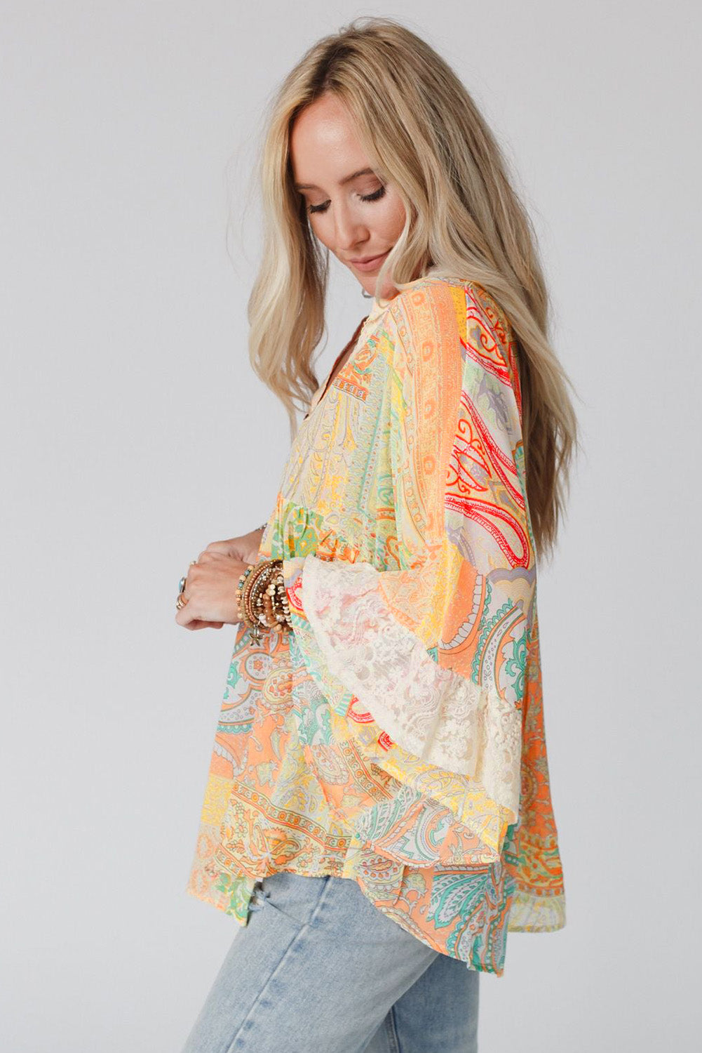 Vintage Map Print V-Neck Long Sleeve Blouse with Casual Flair