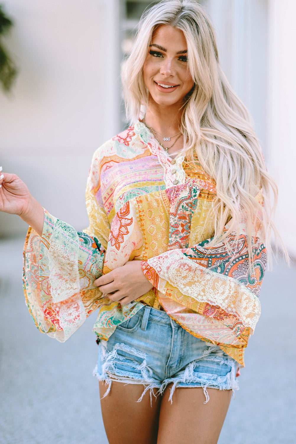 Vintage Map Print V-Neck Long Sleeve Blouse with Casual Flair