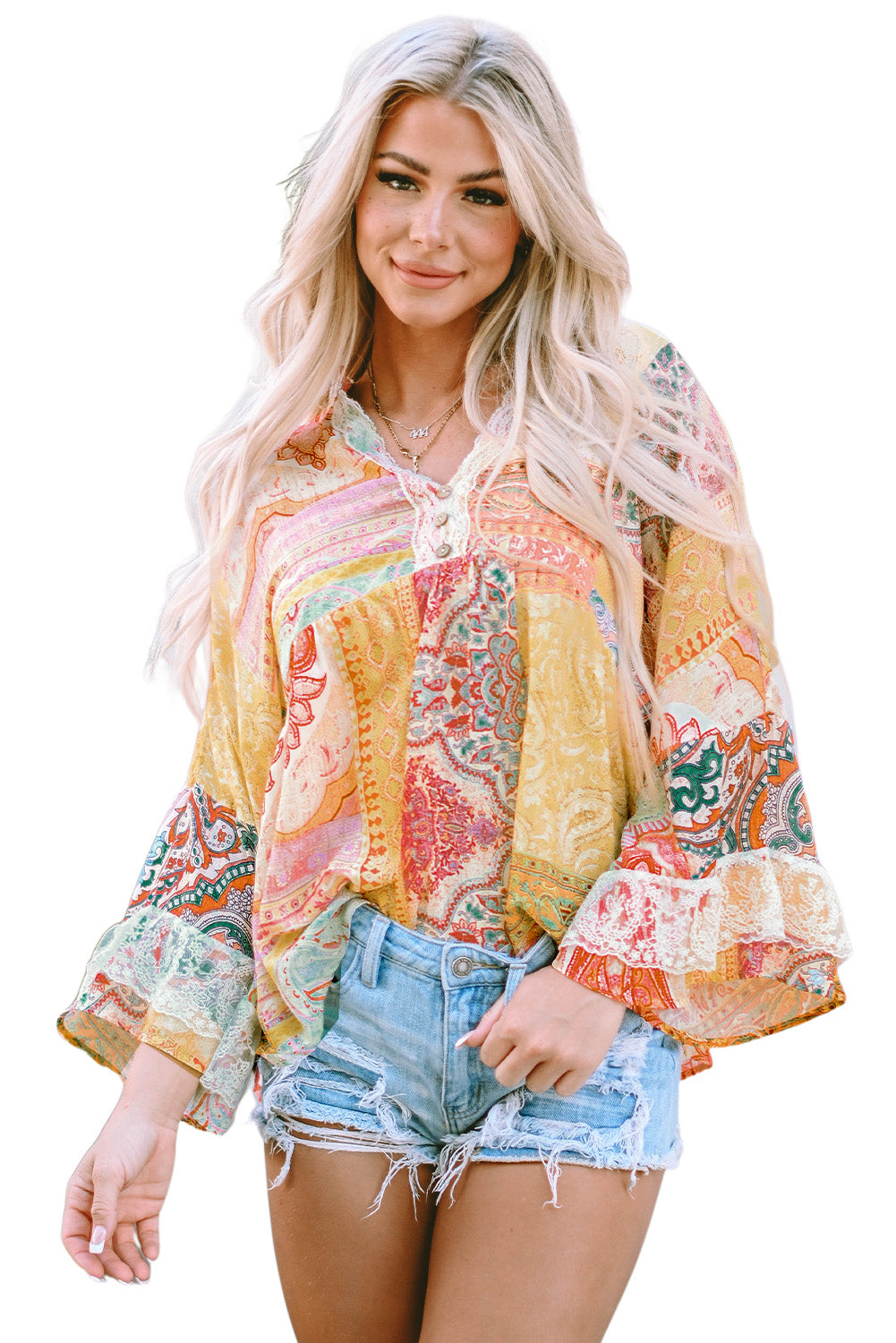 Vintage Map Print V-Neck Long Sleeve Blouse with Casual Flair