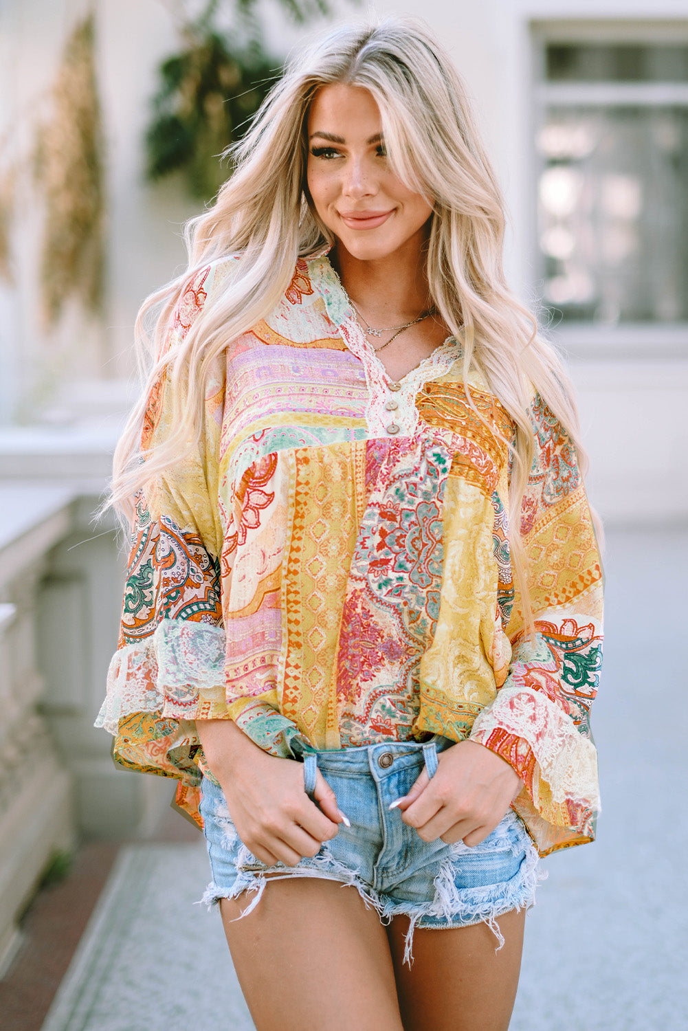 Vintage Map Print V-Neck Long Sleeve Blouse with Casual Flair