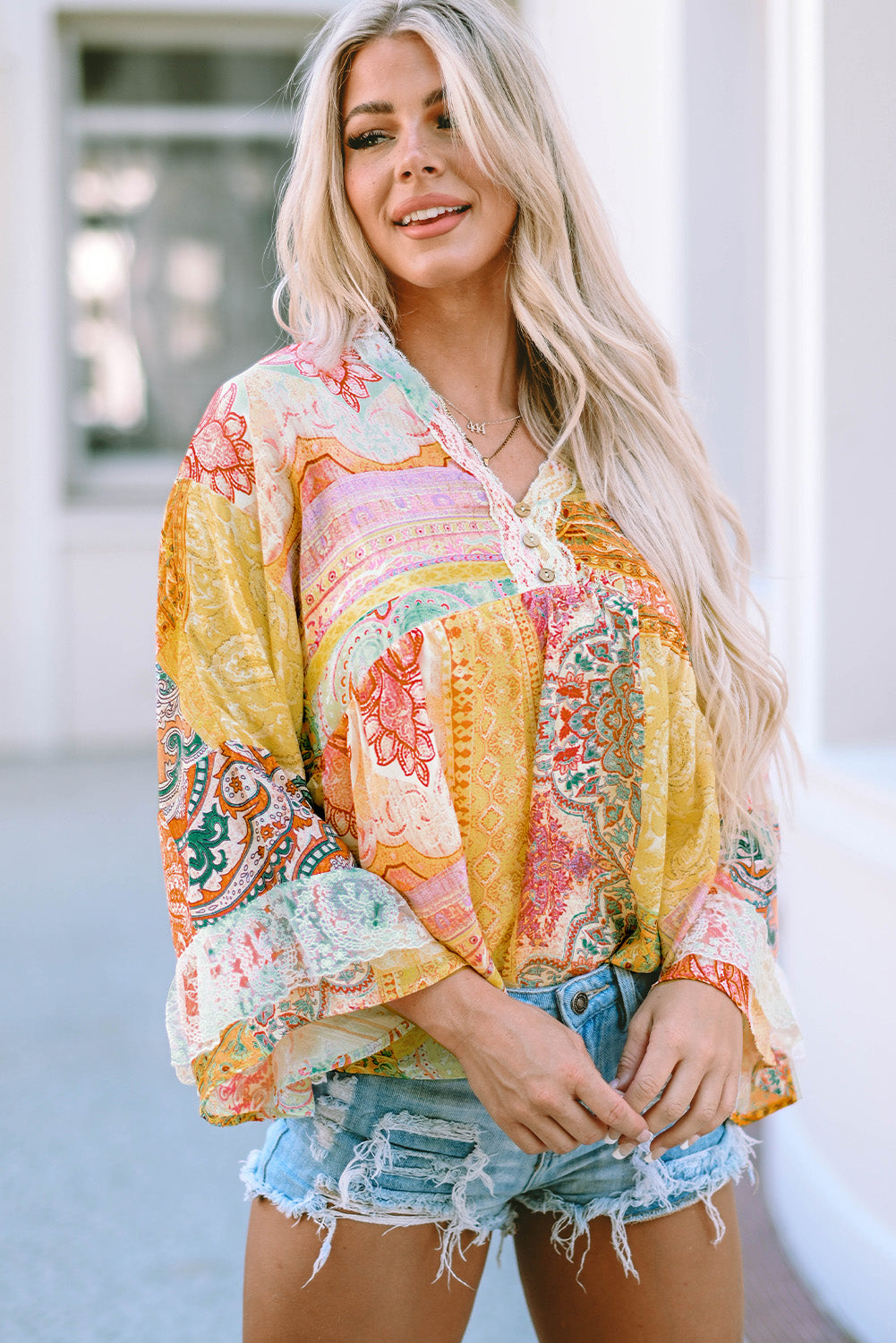 Vintage Map Print V-Neck Long Sleeve Blouse with Casual Flair
