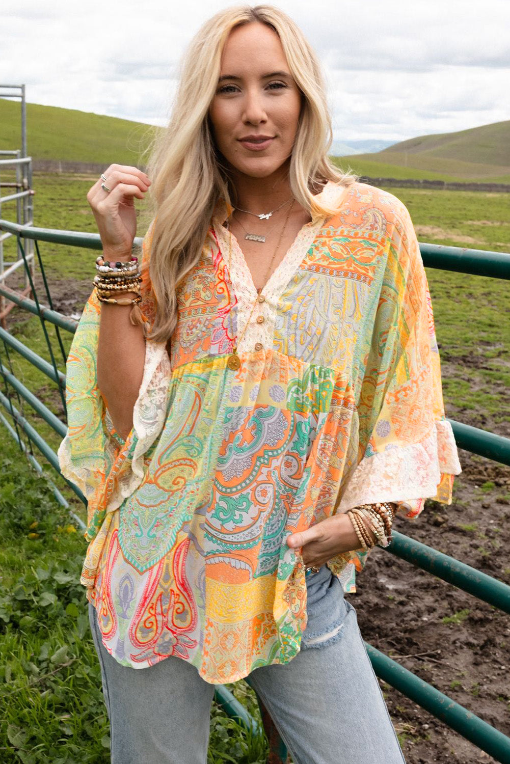 Vintage Map Print V-Neck Long Sleeve Blouse with Casual Flair