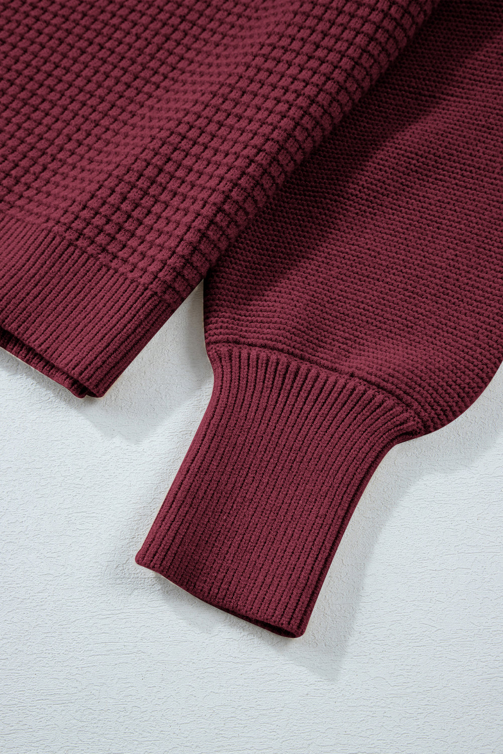 Burgundy Solid Color Mixed Textured Knitted Crew Neck Sweater