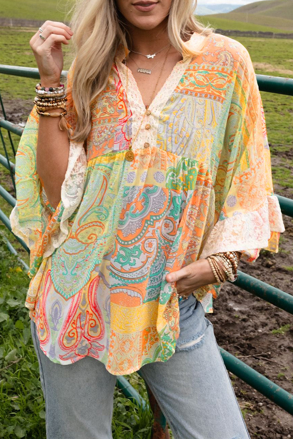 Vintage Map Print V-Neck Long Sleeve Blouse with Casual Flair