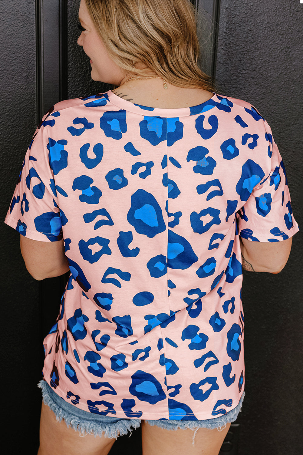 Pink Leopard Print Oversized V Neck Plus Size Tee