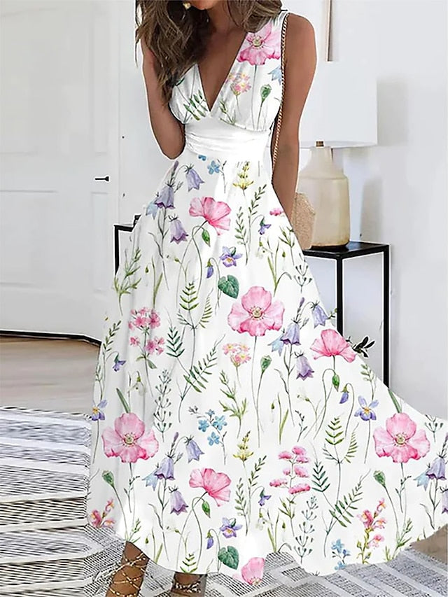Women's Long Dress Maxi Dress Casual Dress Swing Dress A Line Dress Floral Fashion Streetwear Outdoor Daily Date Print Sleeveless V Neck Dress Regular Fit White Summer Spring S M L XL XXL - LuckyFash™