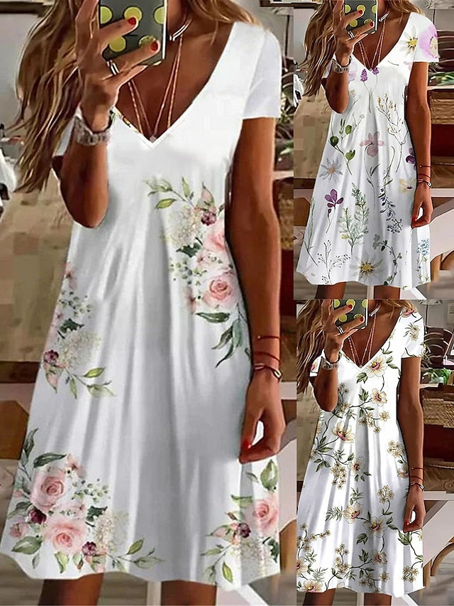 Women's Casual Dress Summer Dress Print Dress Floral Print V Neck Mini Dress Active Fashion Outdoor Daily Short Sleeve Regular Fit Yellow Purple Gray Summer Spring S M L XL XXL - LuckyFash™