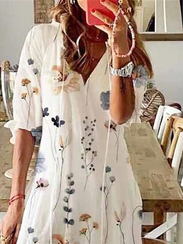 Women's Long Dress Maxi Dress Casual Dress A Line Dress Summer Dress Floral Fashion Casual Outdoor Daily Vacation Print Half Sleeve V Neck Dress Loose Fit White Yellow Summer Spring S M L XL XXL - LuckyFash™