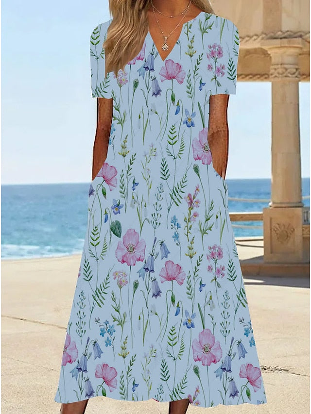 Women's Casual Dress T Shirt Dress Tee Dress Shift Dress Midi Dress White Yellow Pink Short Sleeve Floral Print Summer Spring V Neck Basic Vacation Summer Dress Spring Dress 2023 S M L XL XXL 3XL - LuckyFash™