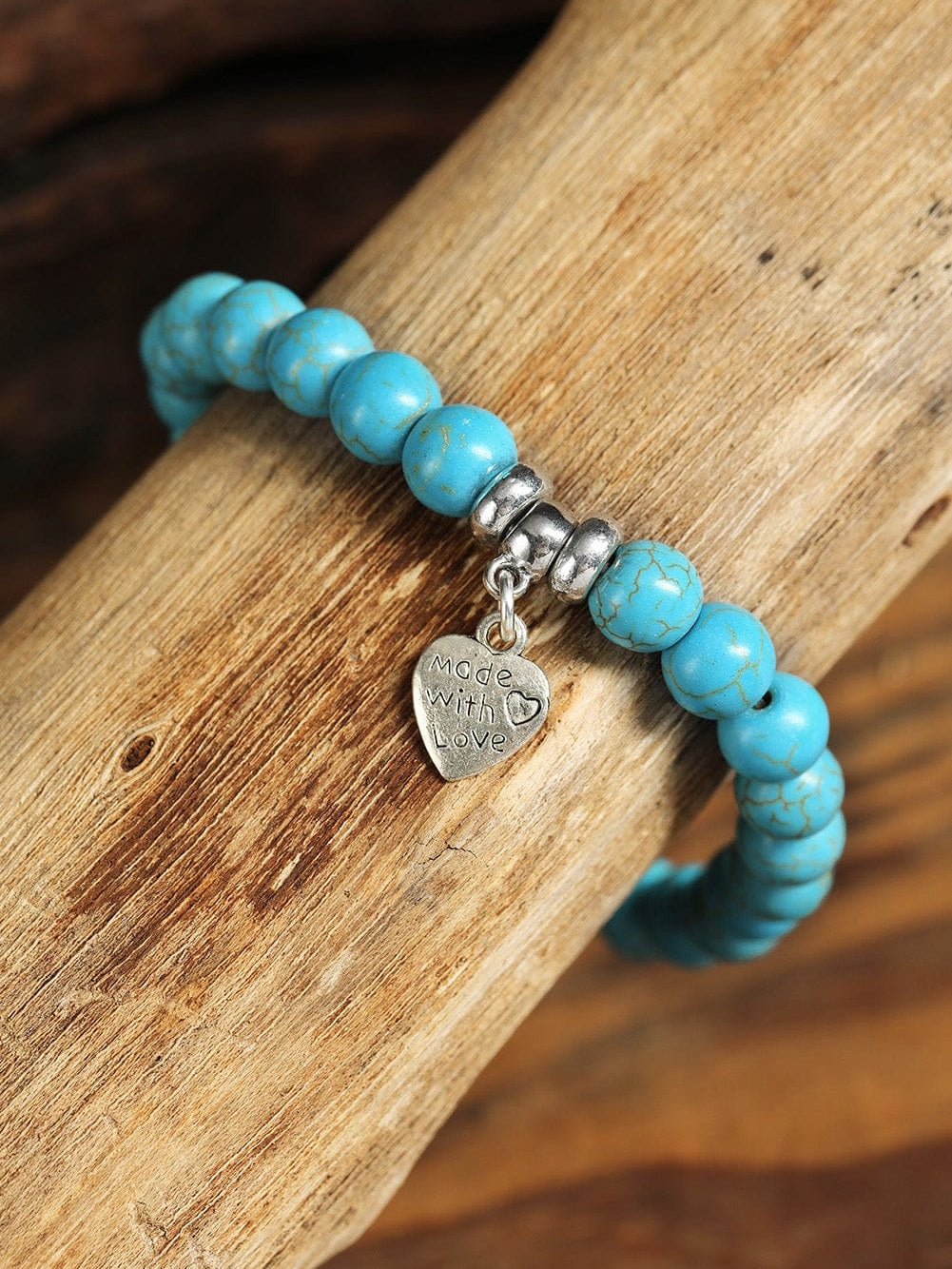 Boho Chic Green Heart Pendant Bracelet with Turquoise Beads