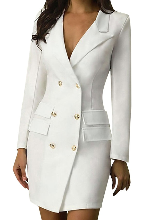 Women's Dress - Work Dress Blazer Dress Black White Long Sleeve Solid Colored Classic Style Fall Winter Notch lapel collar Office / Business 2023 S M L XL