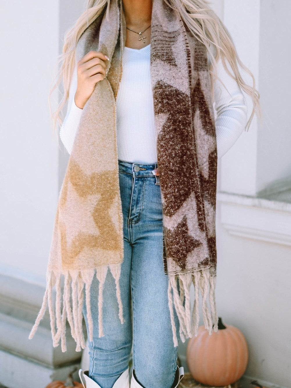 Brown Star Color Block Tasseled Oversized Winter Wrap