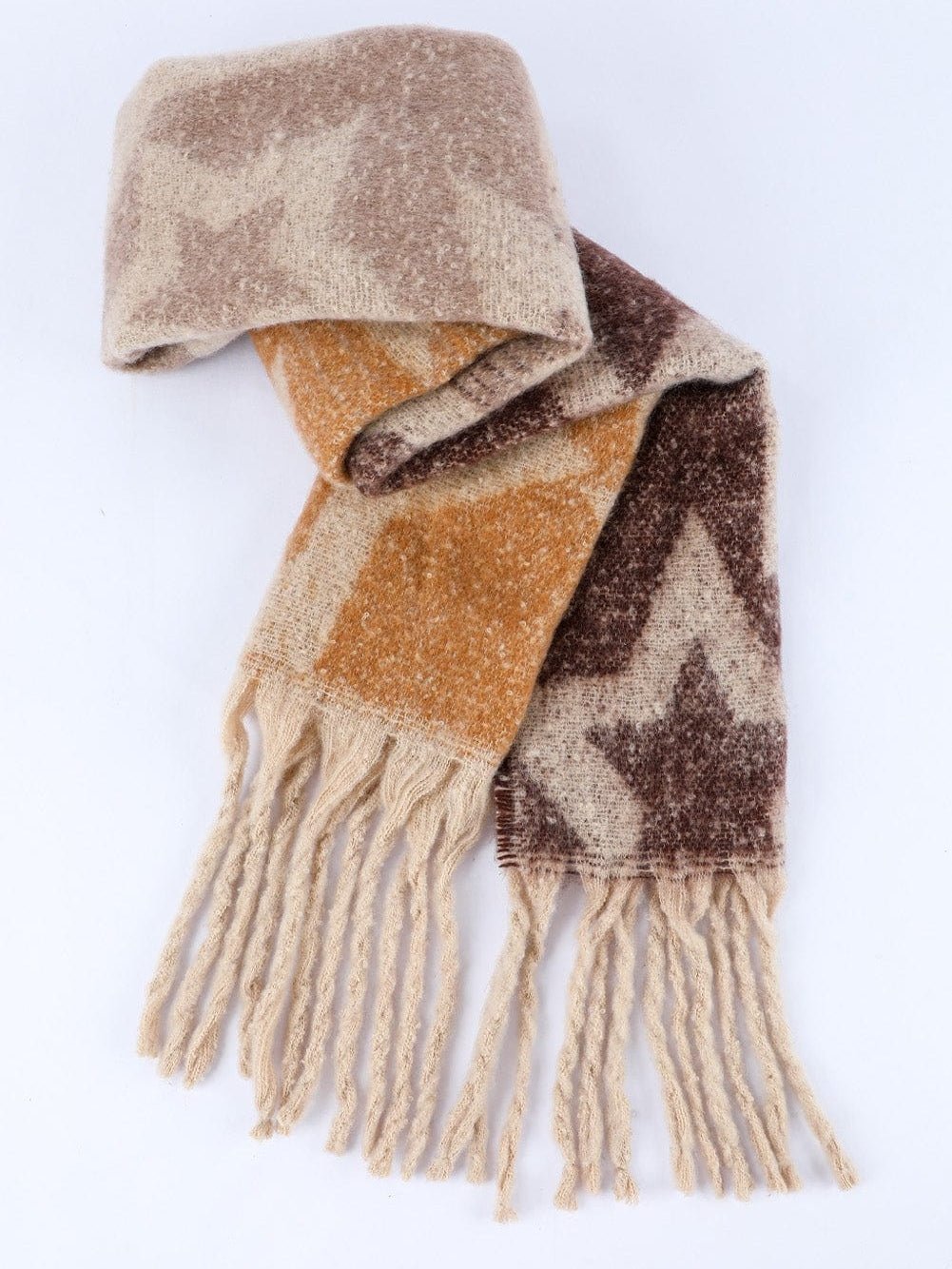 Brown Star Color Block Tasseled Oversized Winter Wrap