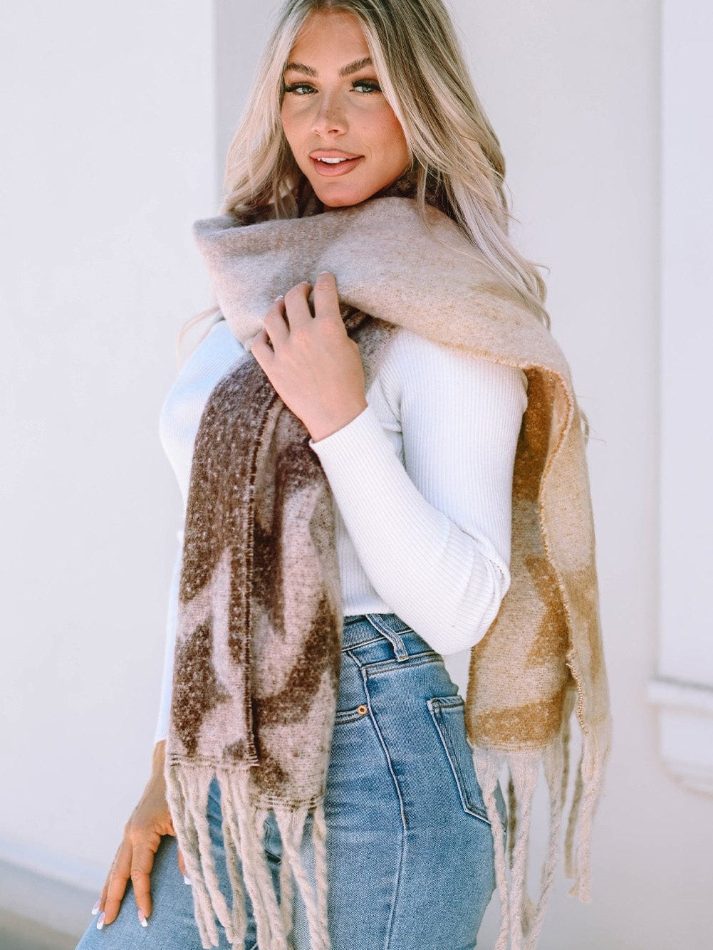 Brown Star Color Block Tasseled Oversized Winter Wrap