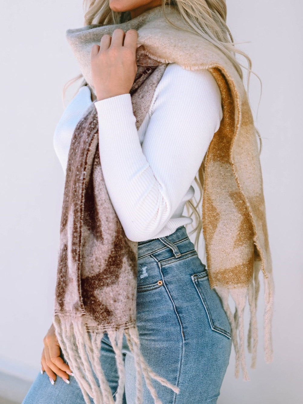 Brown Star Color Block Tasseled Oversized Winter Wrap
