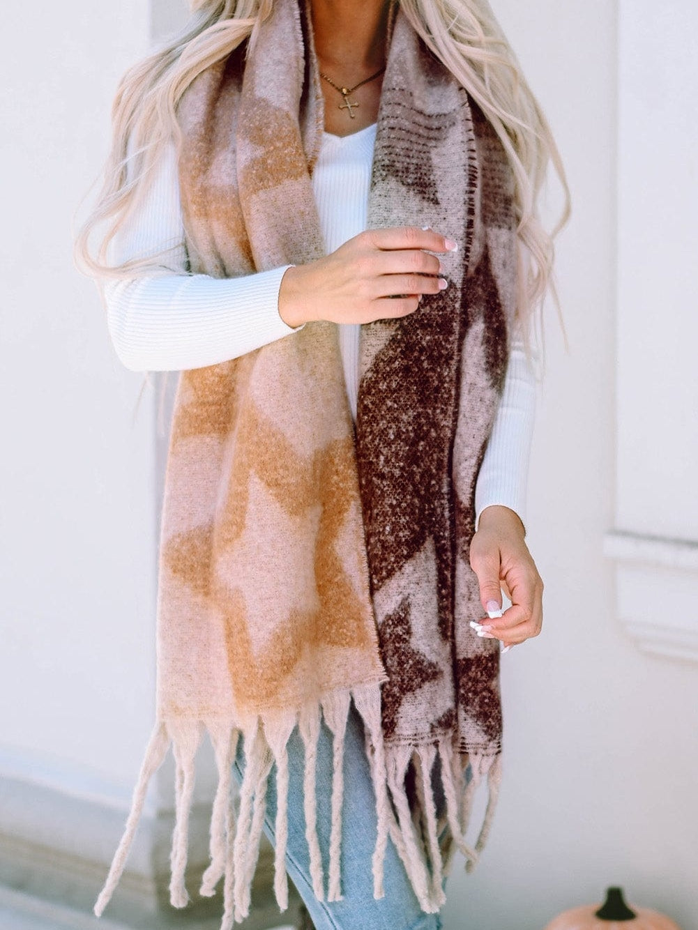 Brown Star Color Block Tasseled Oversized Winter Wrap