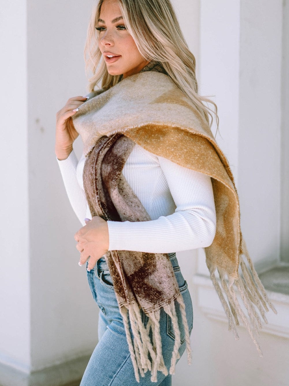 Brown Star Color Block Tasseled Oversized Winter Wrap