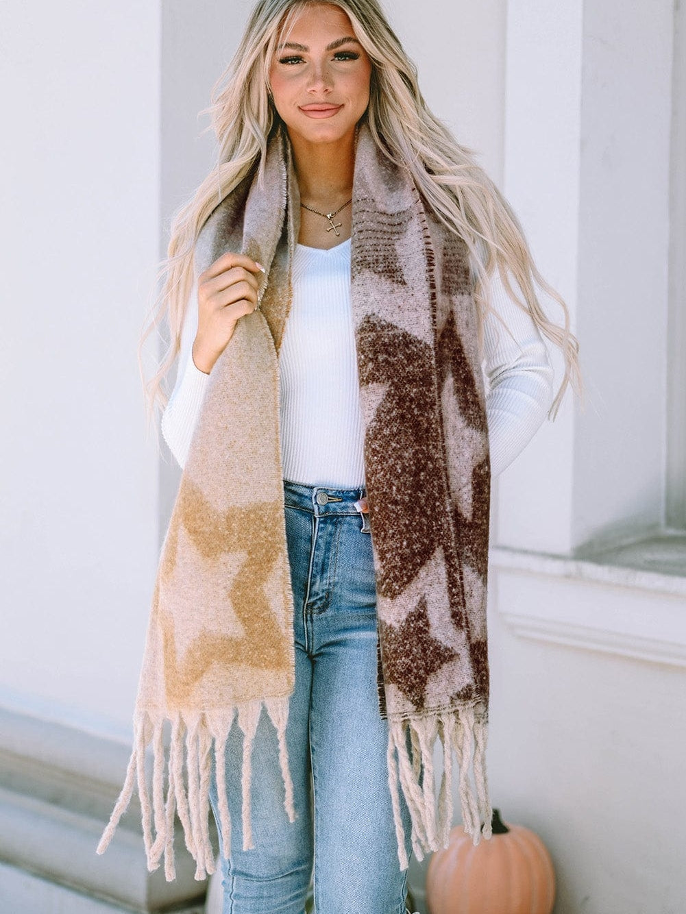 Brown Star Color Block Tasseled Oversized Winter Wrap