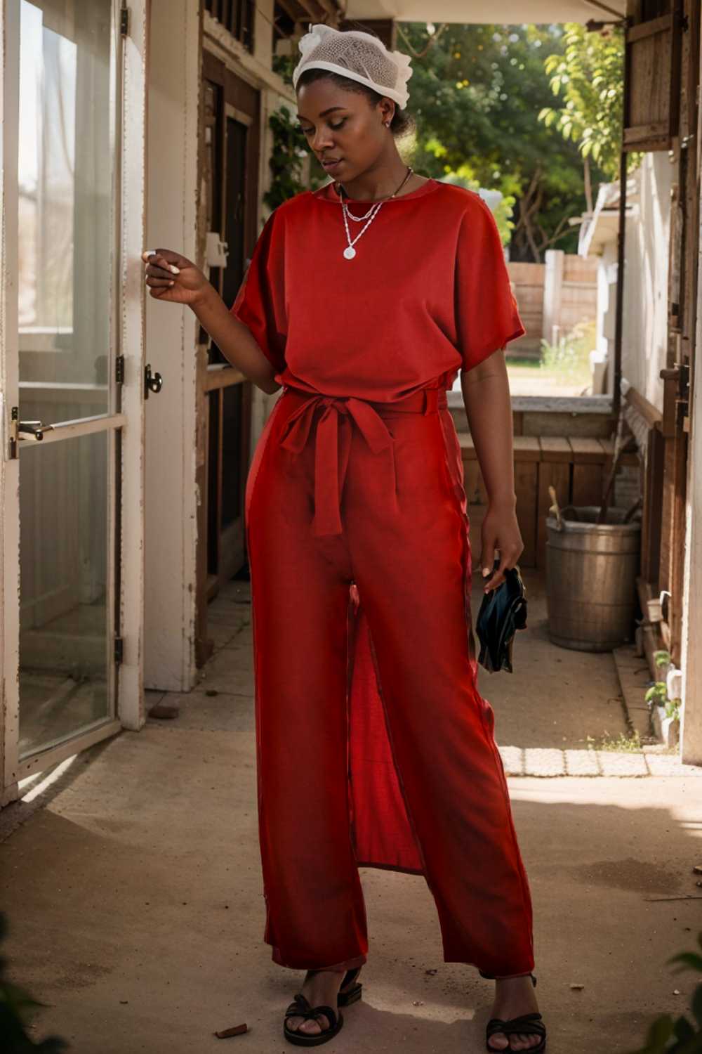 burning red belted wide leg jumpsuit 112852