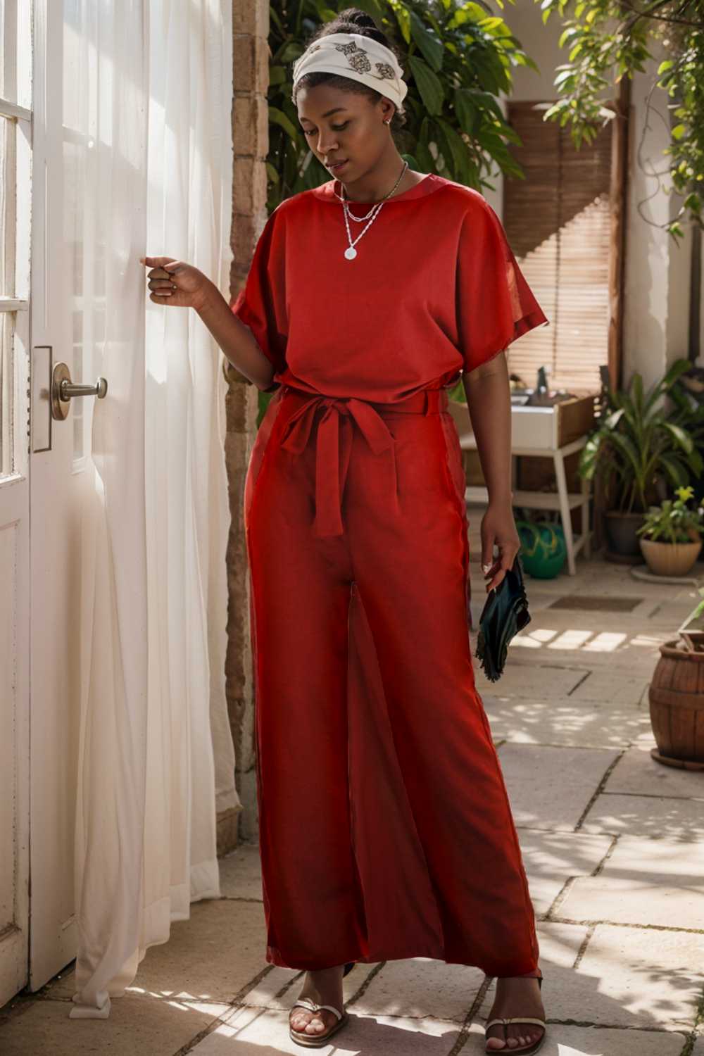 burning red belted wide leg jumpsuit 107475