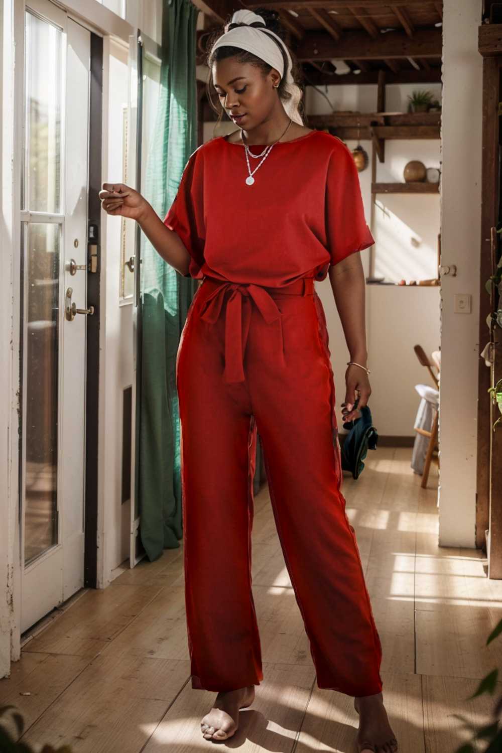 burning red belted wide leg jumpsuit 107474