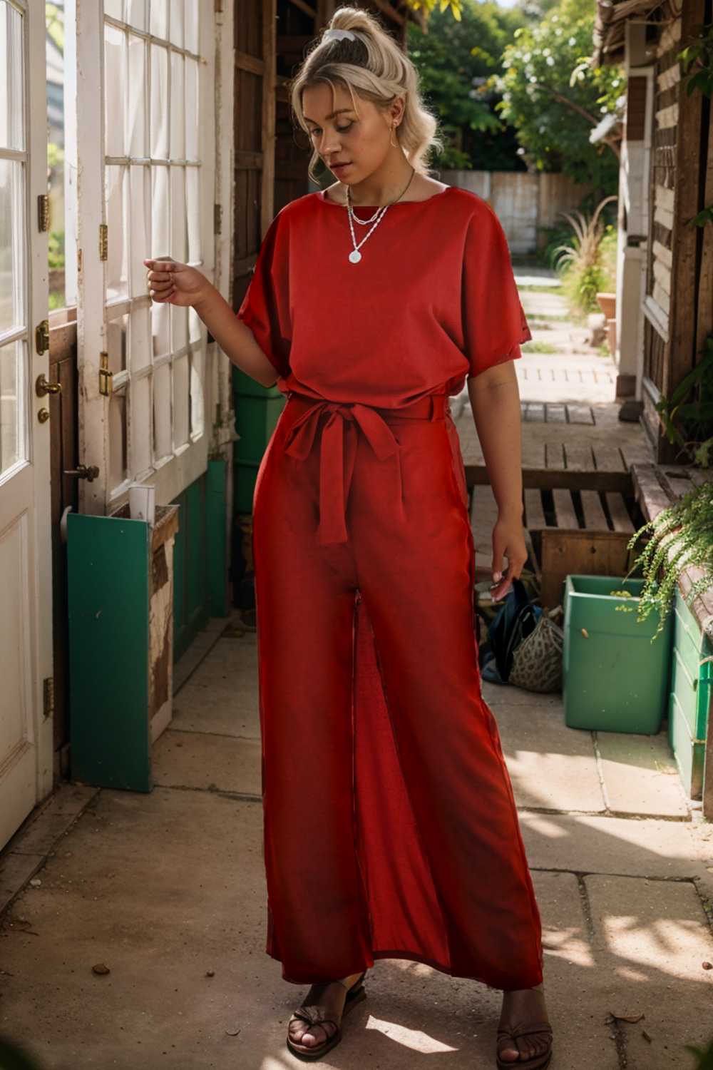 burning red belted wide leg jumpsuit 107473