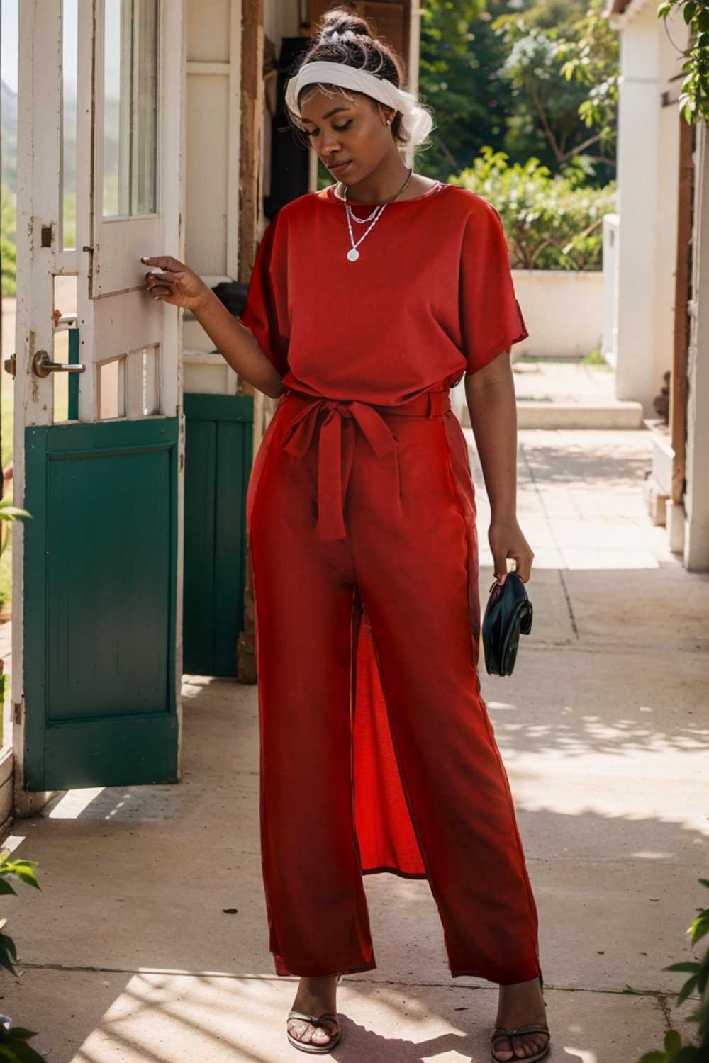 burning red belted wide leg jumpsuit 107472