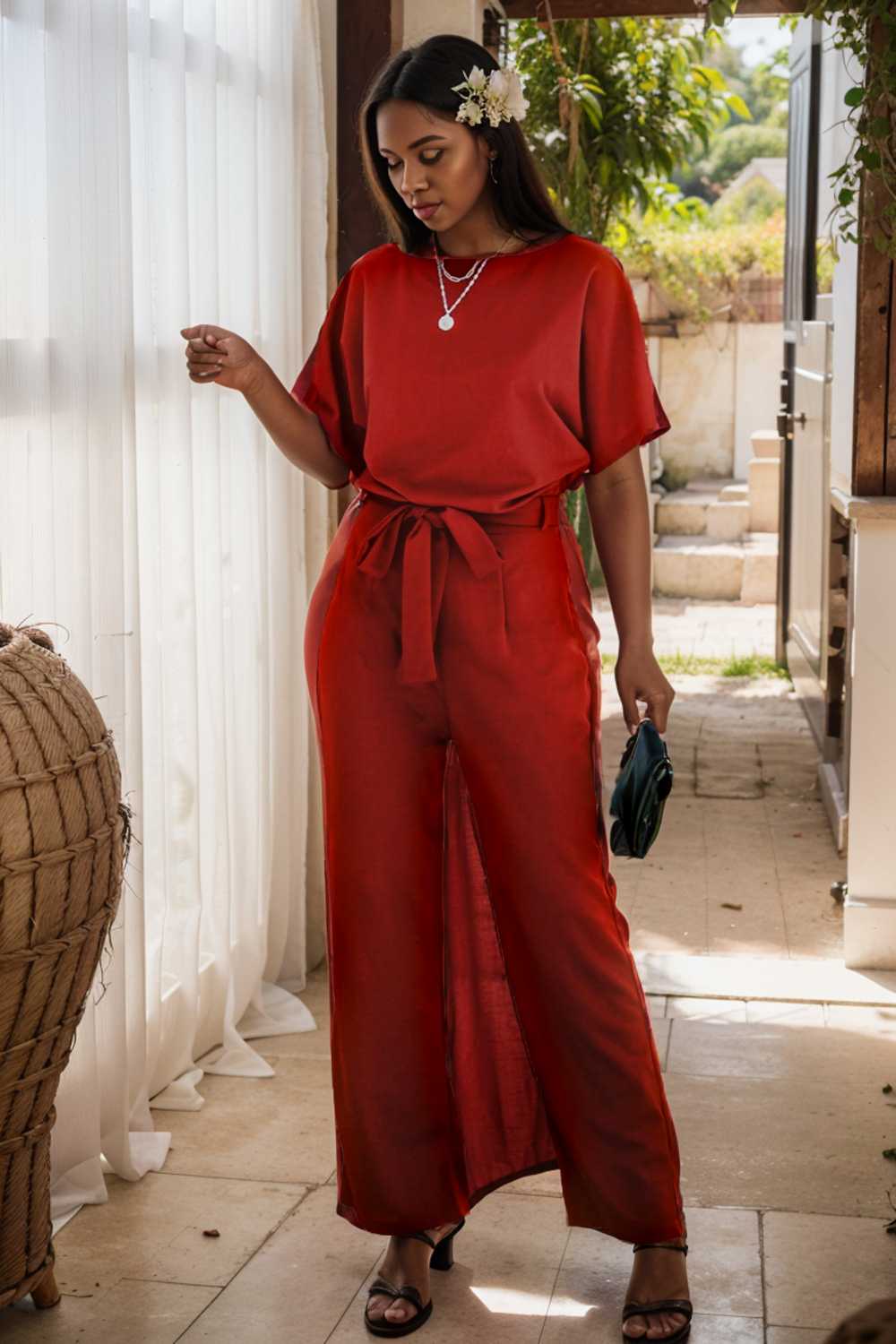 burning red belted wide leg jumpsuit 107471
