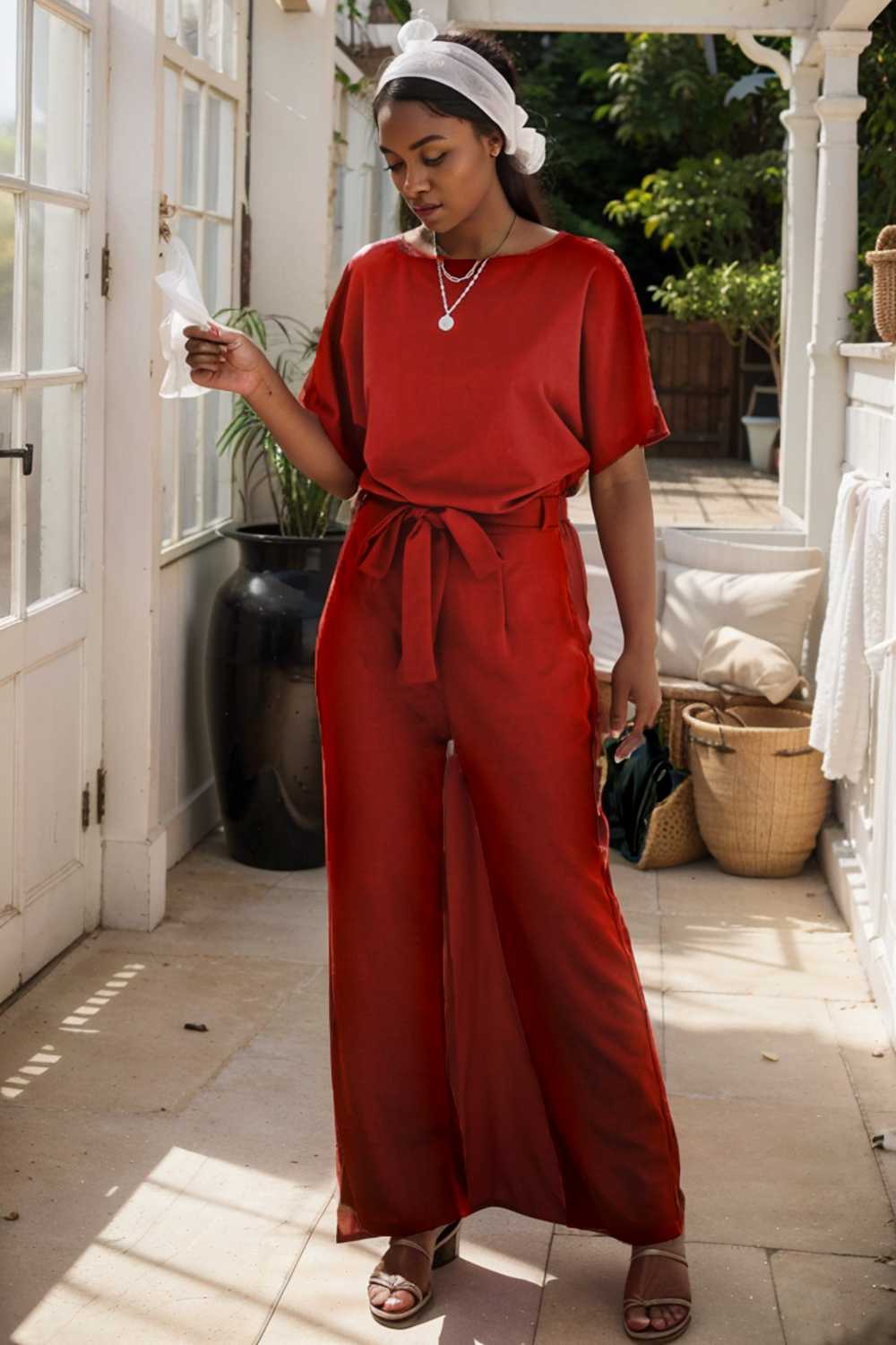 burning red belted wide leg jumpsuit 107469