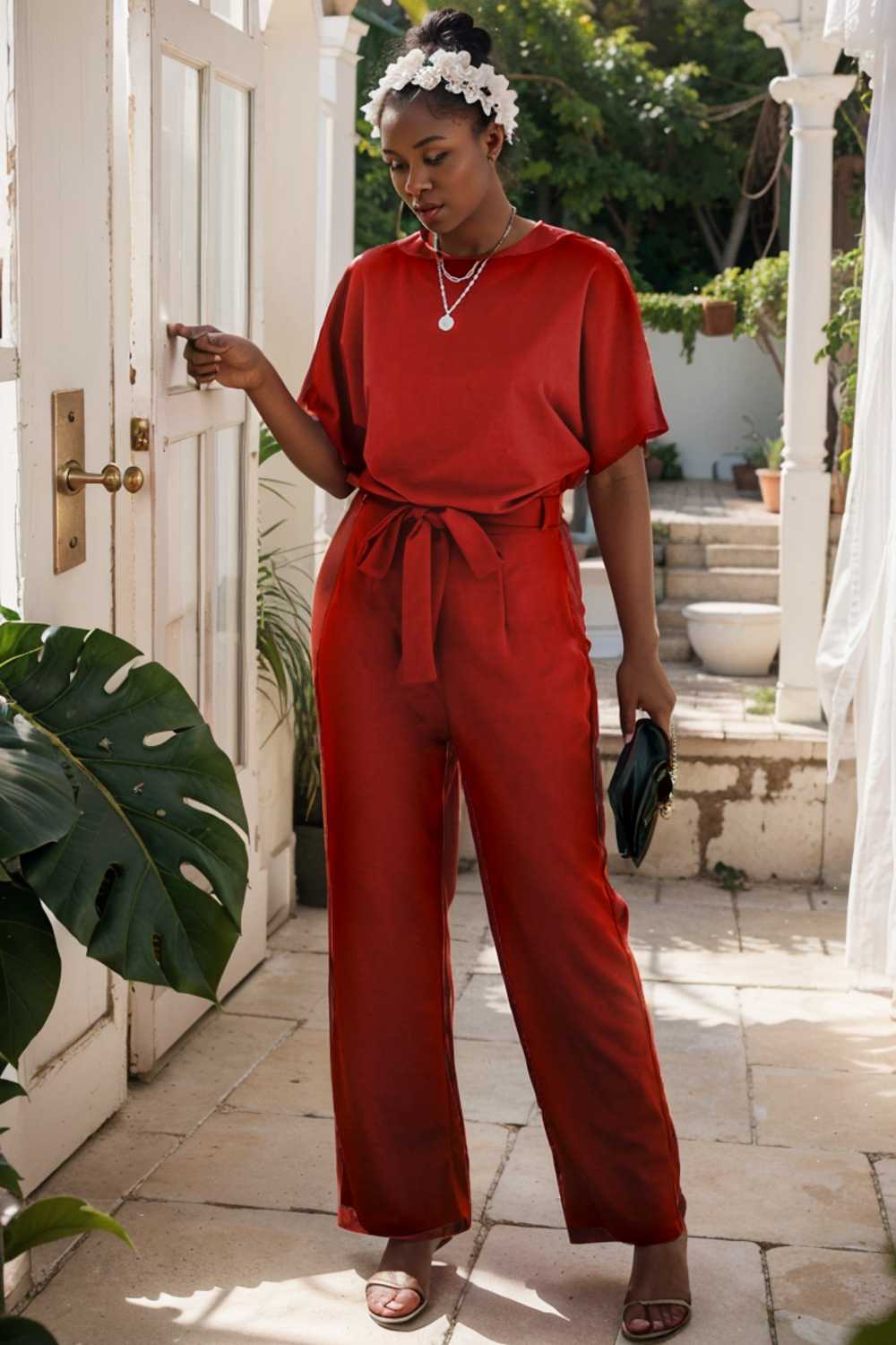 burning red belted wide leg jumpsuit 107468