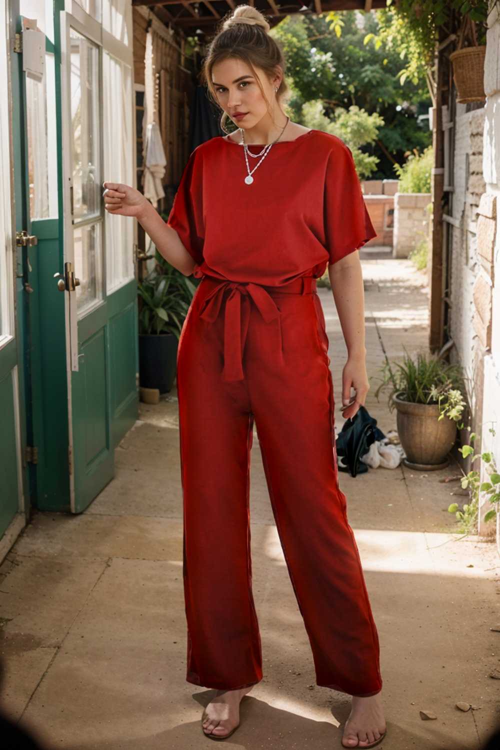 burning red belted wide leg jumpsuit 107466