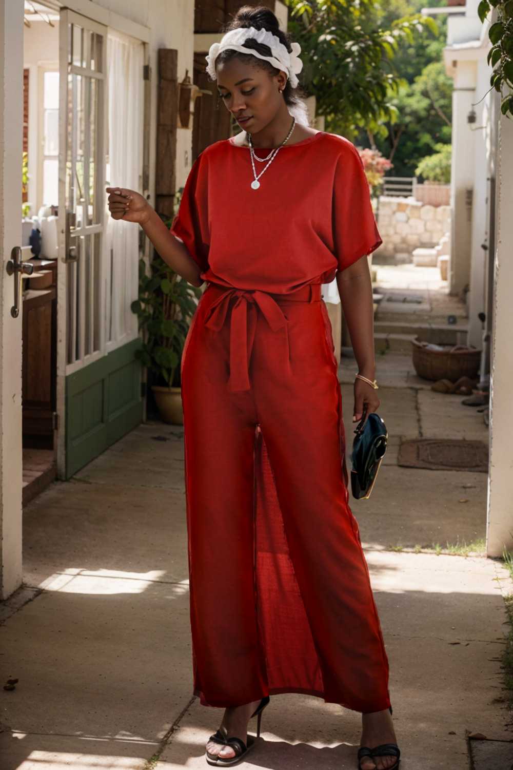 burning red belted wide leg jumpsuit 107464