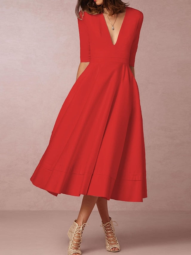 Women's Dress - Wedding Guest Dress A Line Dress Midi Dress Creamy-white Blue Pink Wine Black Red White Half Sleeve Solid Color Ruched Spring Summer V Neck Party Elegant Romantic Slim 2023 S M L XL XXL XXXL