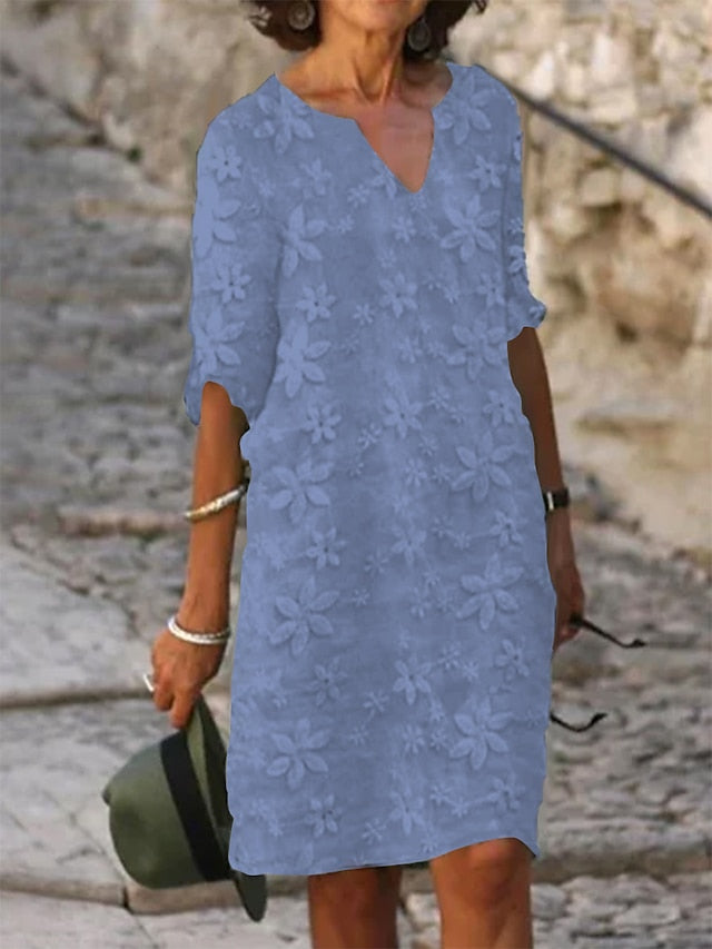 Women's Cotton Linen Dress Casual Dress Shift Dress Midi Dress Cotton Fashion Modern Outdoor Daily Vacation V Neck Print Half Sleeve Summer Spring 2023 Loose Fit White Blue Green Flower S M L XL 2XL - LuckyFash™
