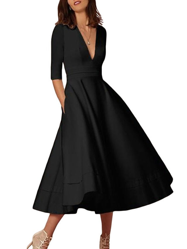 Women's Dress - Wedding Guest Dress A Line Dress Midi Dress Creamy-white Blue Pink Wine Black Red White Half Sleeve Solid Color Ruched Spring Summer V Neck Party Elegant Romantic Slim 2023 S M L XL XXL XXXL