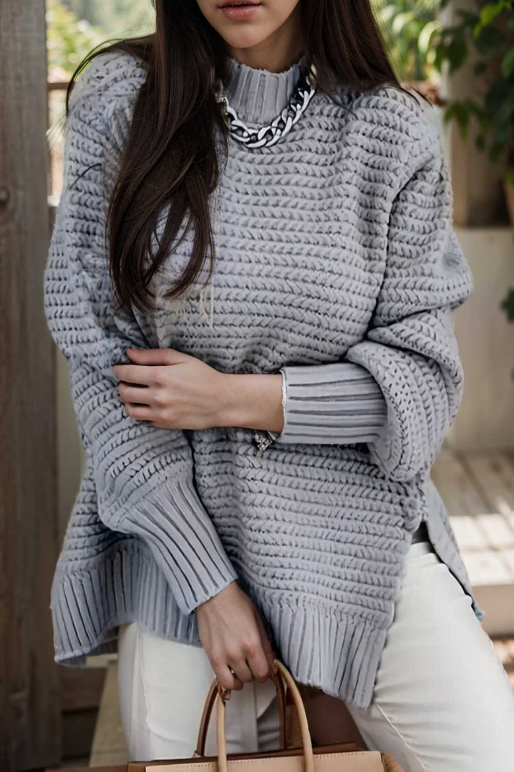 casual chunky knit mock neck long sleeve split pullover sweater 107434