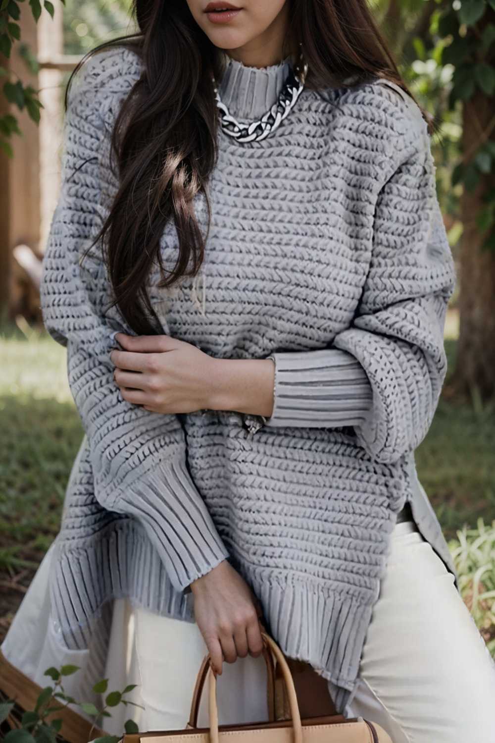 casual chunky knit mock neck long sleeve split pullover sweater 107428