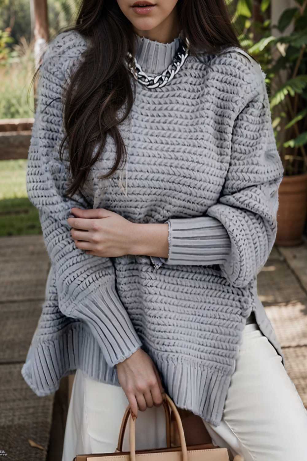 casual chunky knit mock neck long sleeve split pullover sweater 107426