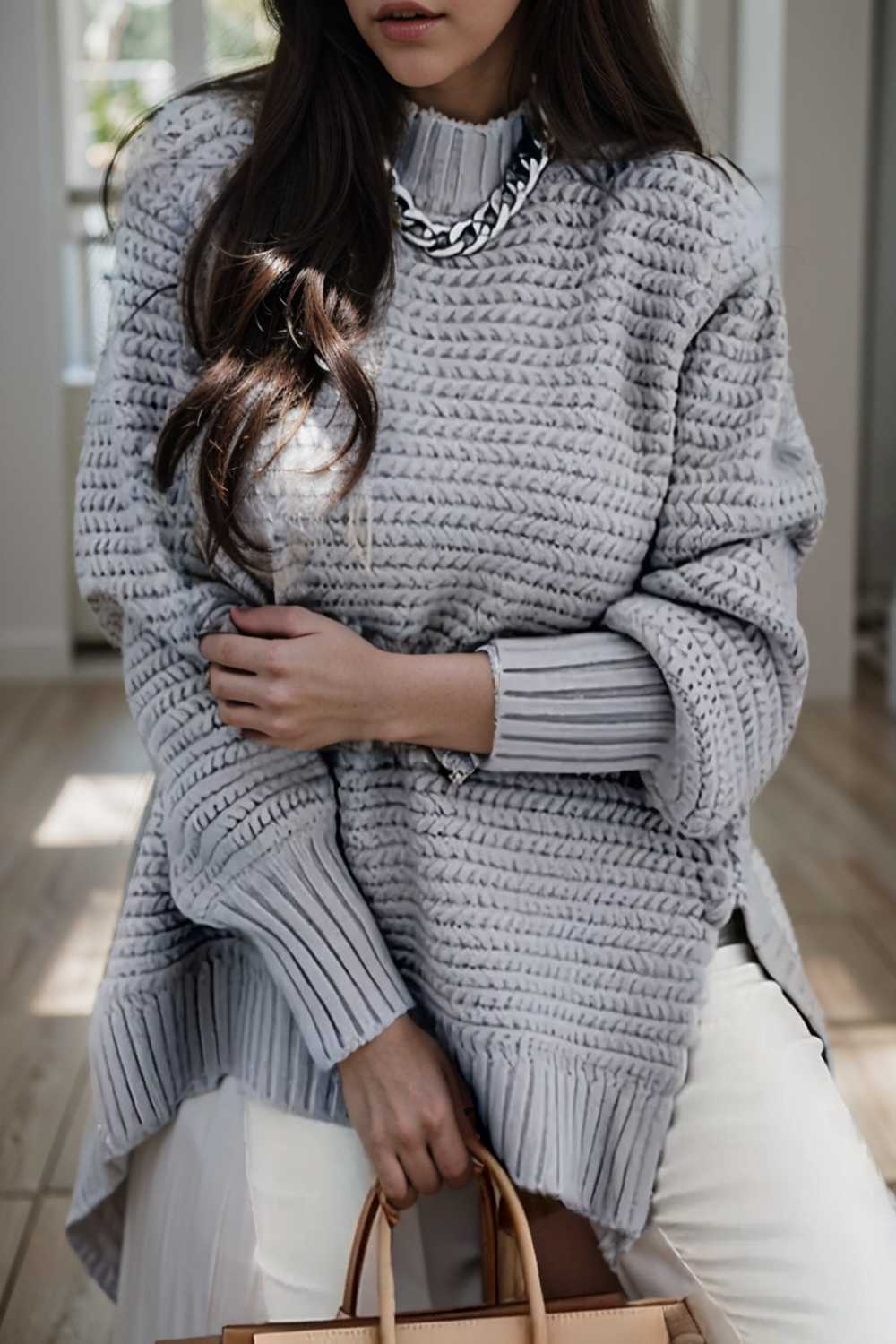 casual chunky knit mock neck long sleeve split pullover sweater 107425
