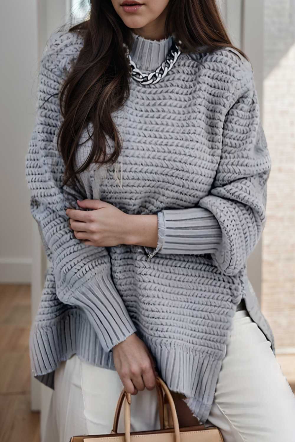 casual chunky knit mock neck long sleeve split pullover sweater 107424