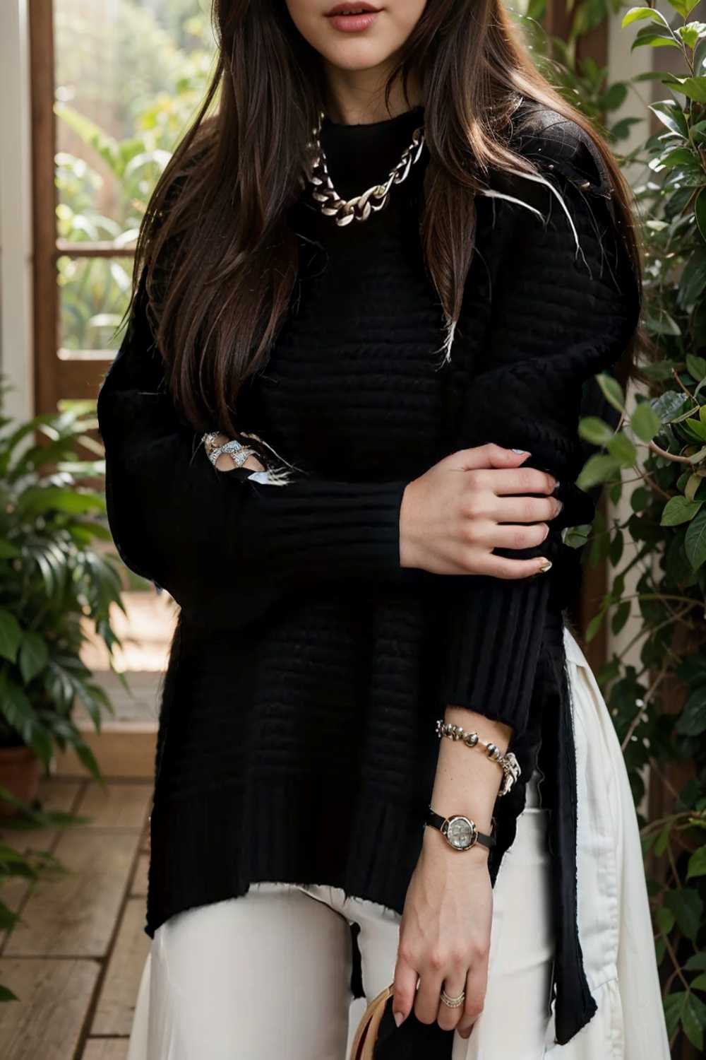 casual chunky knit mock neck long sleeve split pullover sweater 107414