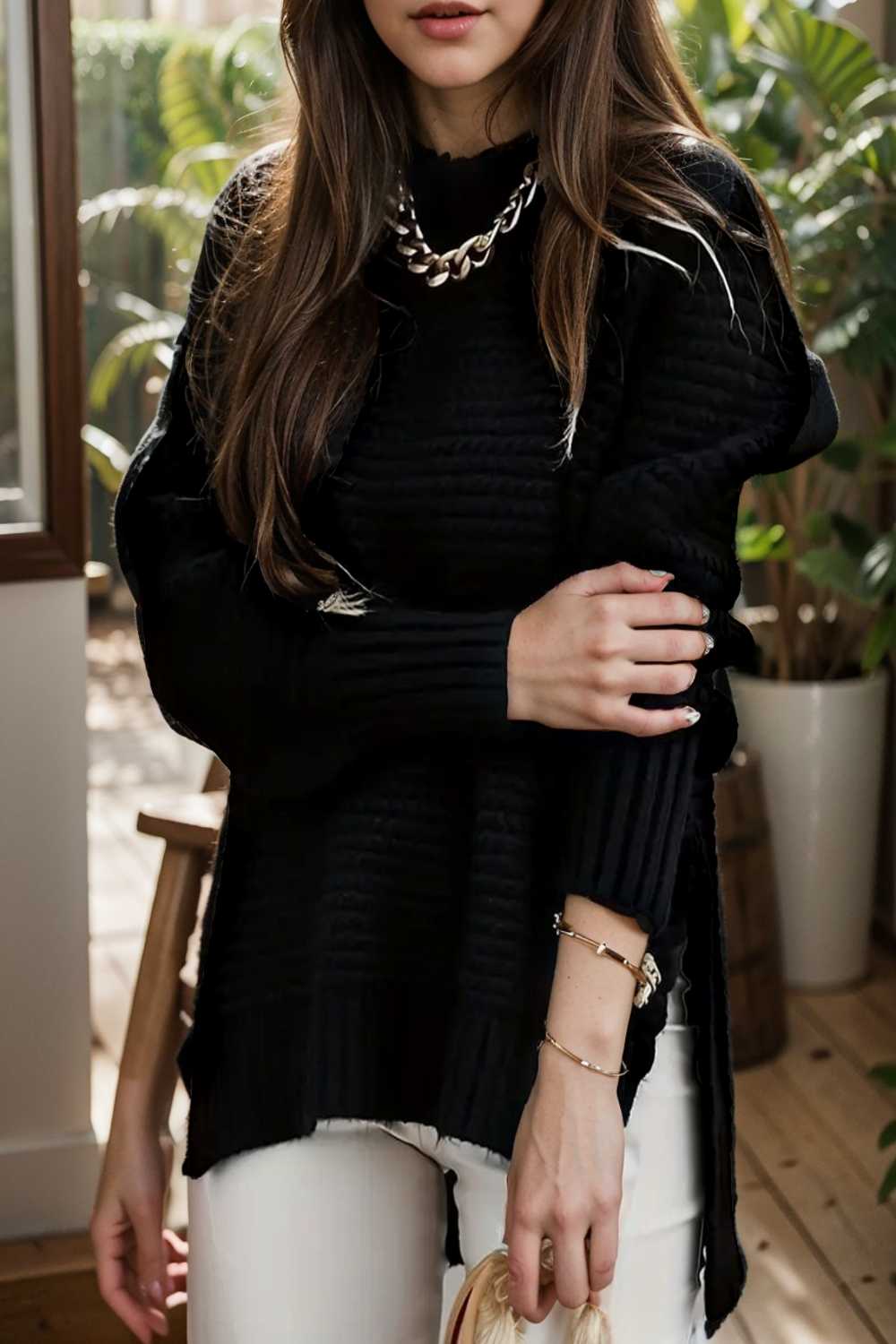 casual chunky knit mock neck long sleeve split pullover sweater 112607