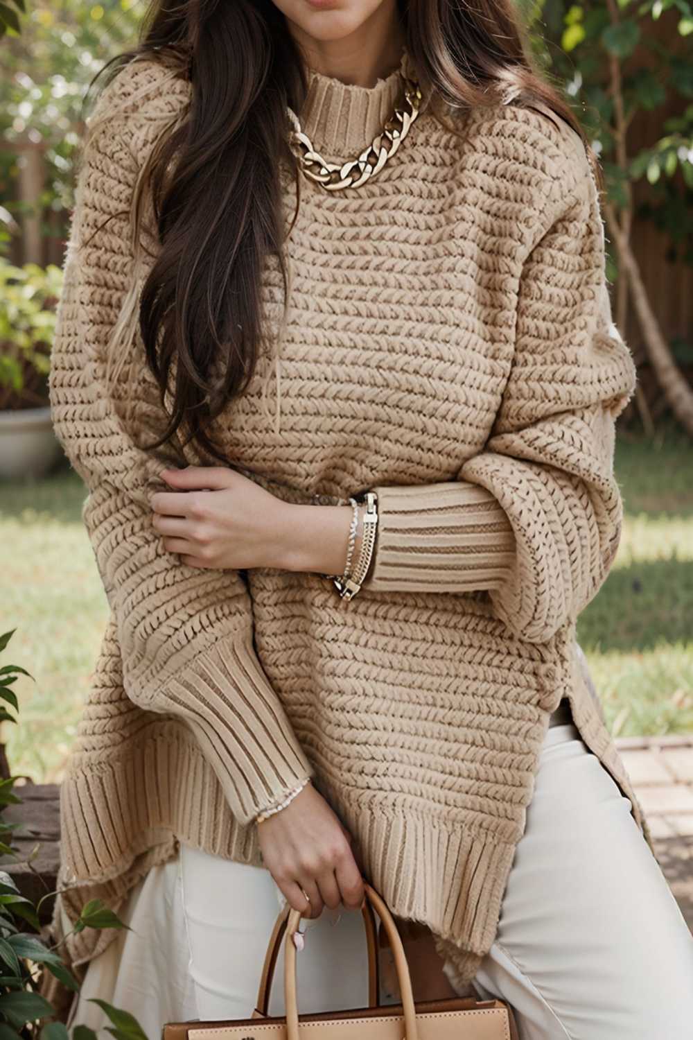 casual chunky knit mock neck long sleeve split pullover sweater 112602