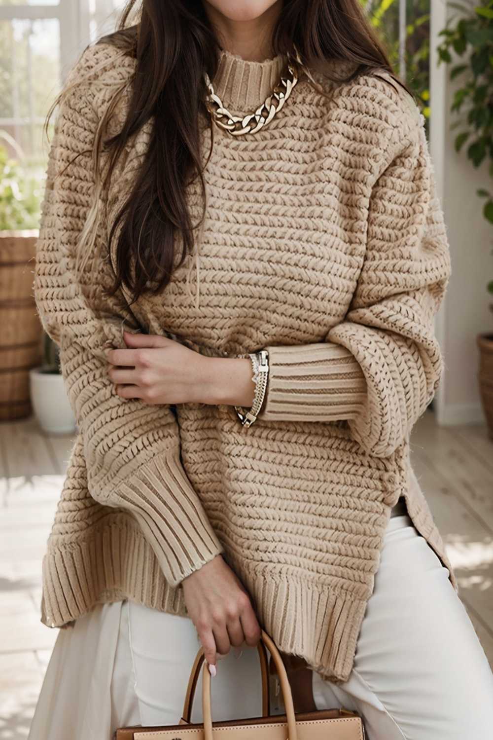 casual chunky knit mock neck long sleeve split pullover sweater 112600