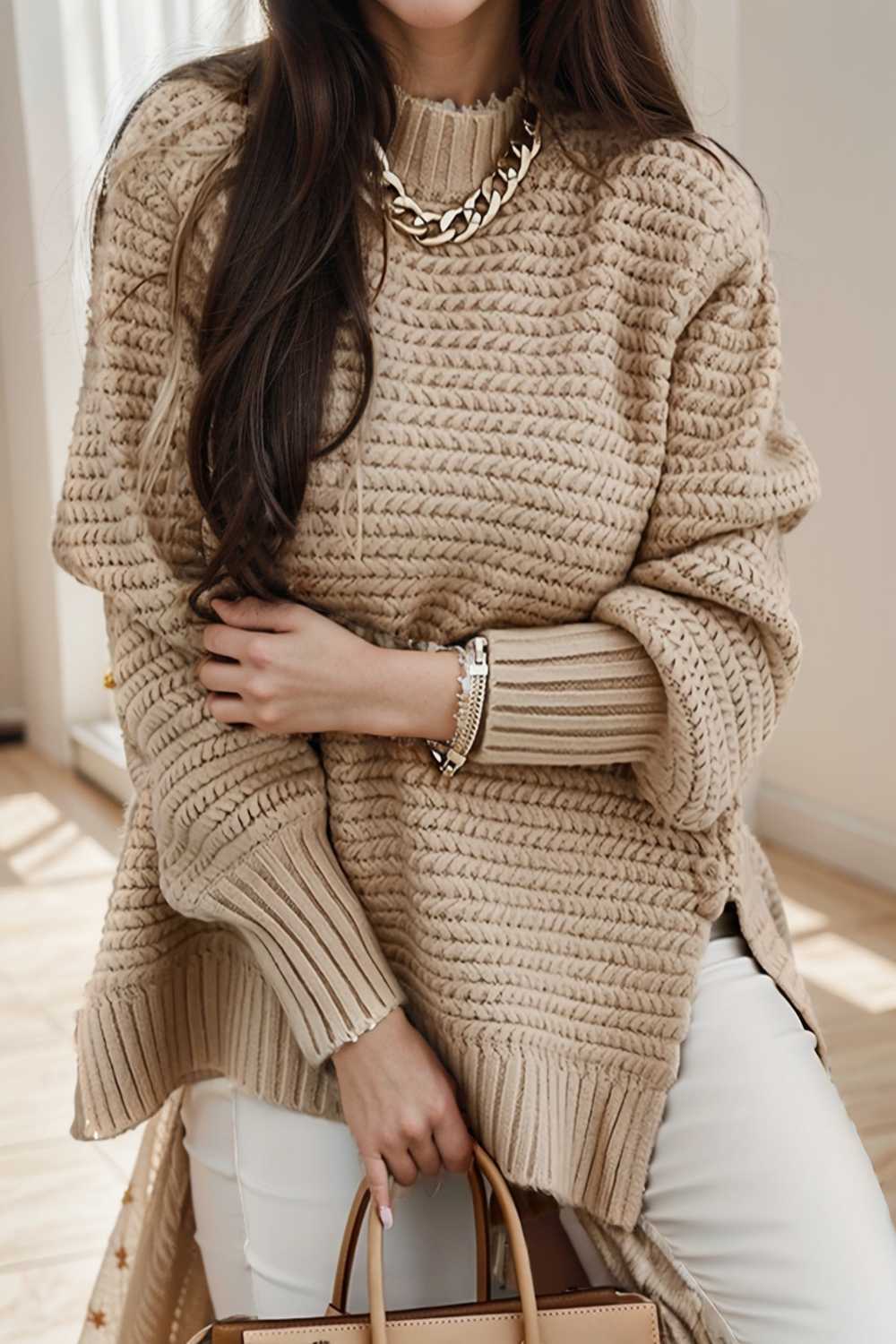 casual chunky knit mock neck long sleeve split pullover sweater 112599