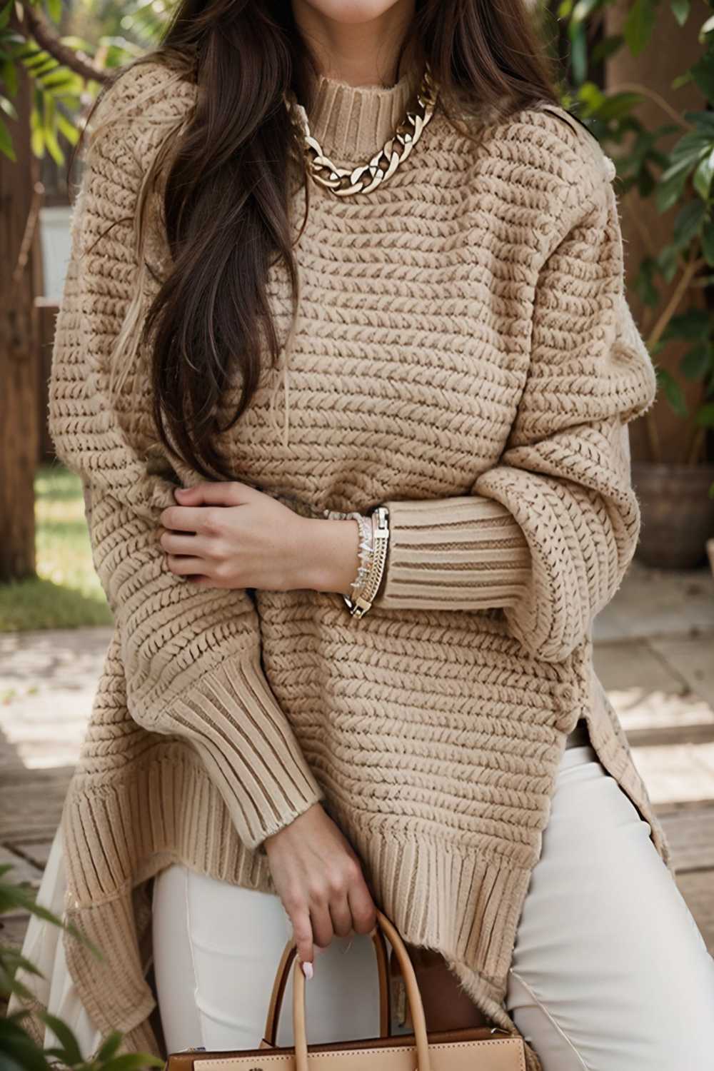 casual chunky knit mock neck long sleeve split pullover sweater 112598