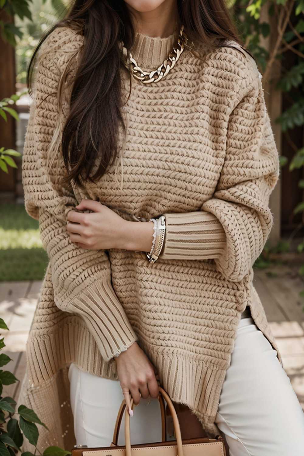 casual chunky knit mock neck long sleeve split pullover sweater 112595