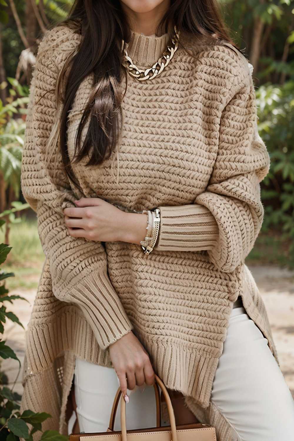 casual chunky knit mock neck long sleeve split pullover sweater 112594